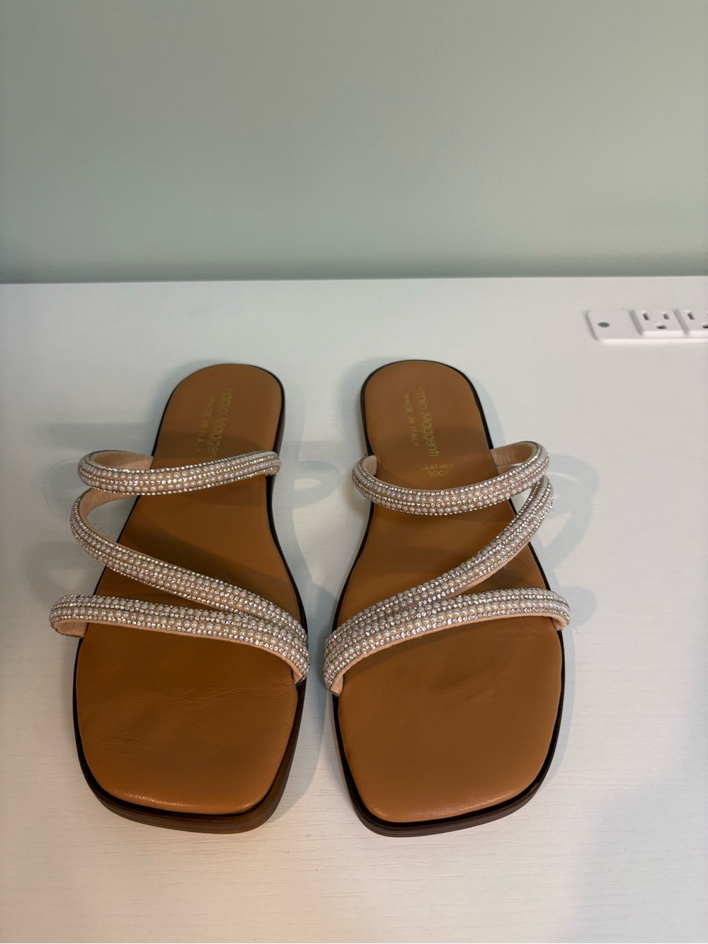 Beige Crystal-Strap Slide Sandals